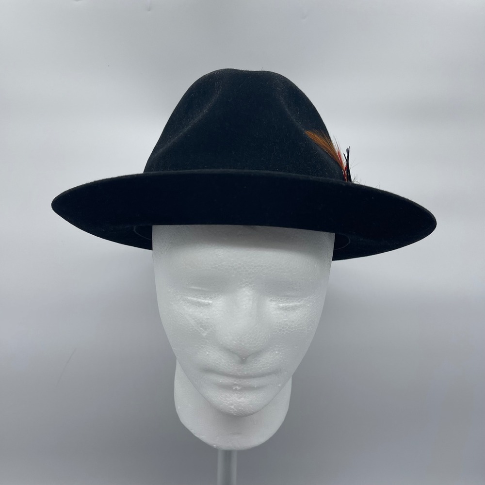Fadero Adult Size XL Black 100% Fur Felt Wide Brim Fedora Hat w/ Feather Accent